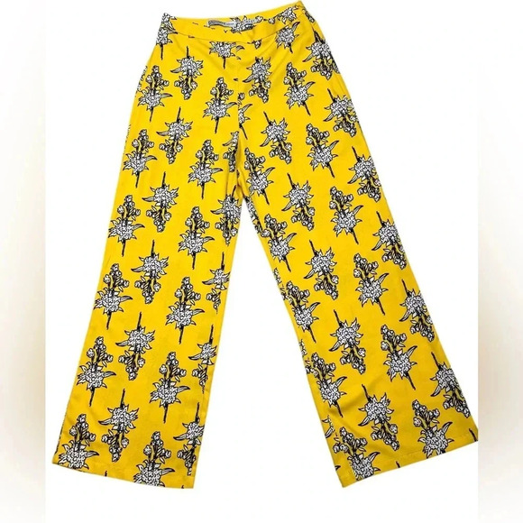 High-waisted, wide-leg floral yellow pants, Size 6, Bold, Statement Trousers - Picture 1 of 6